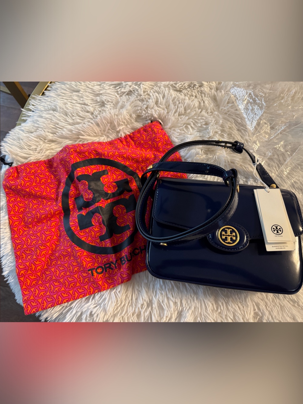 Tory Burch Navy Patent Leather Crossbody with Gold Logo